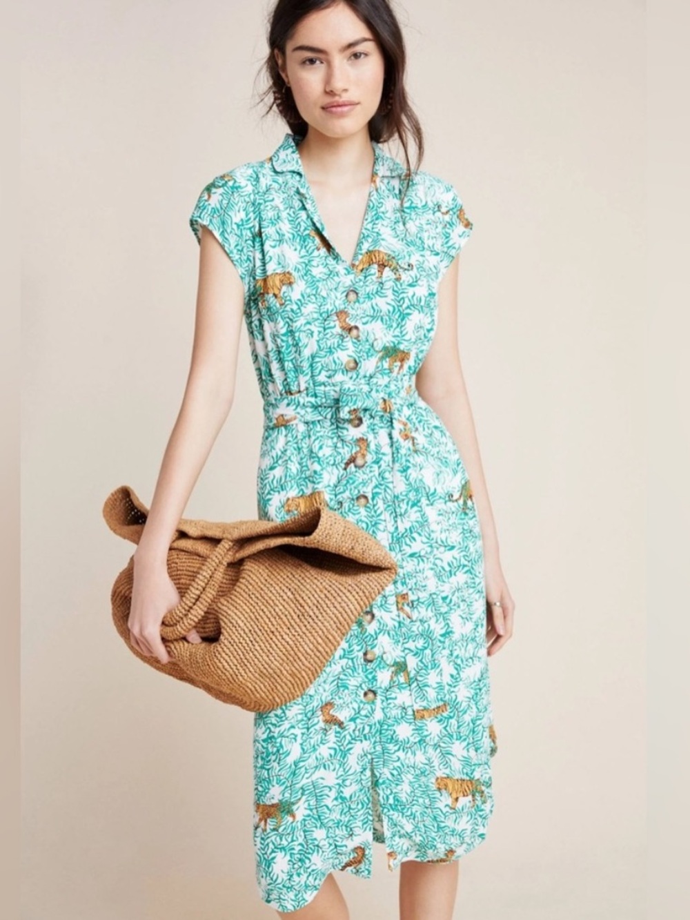 Anthropologie Maeve Catherine Tiger Print Shirtdress Green White  Dress Size 8